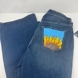 Blue Jeans with Handpainted Sunflower Pocket